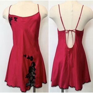 Vintage Victoria's Secret  Y2K Red Satin  Chemise Slip Dress  Black Lace EUC SzL